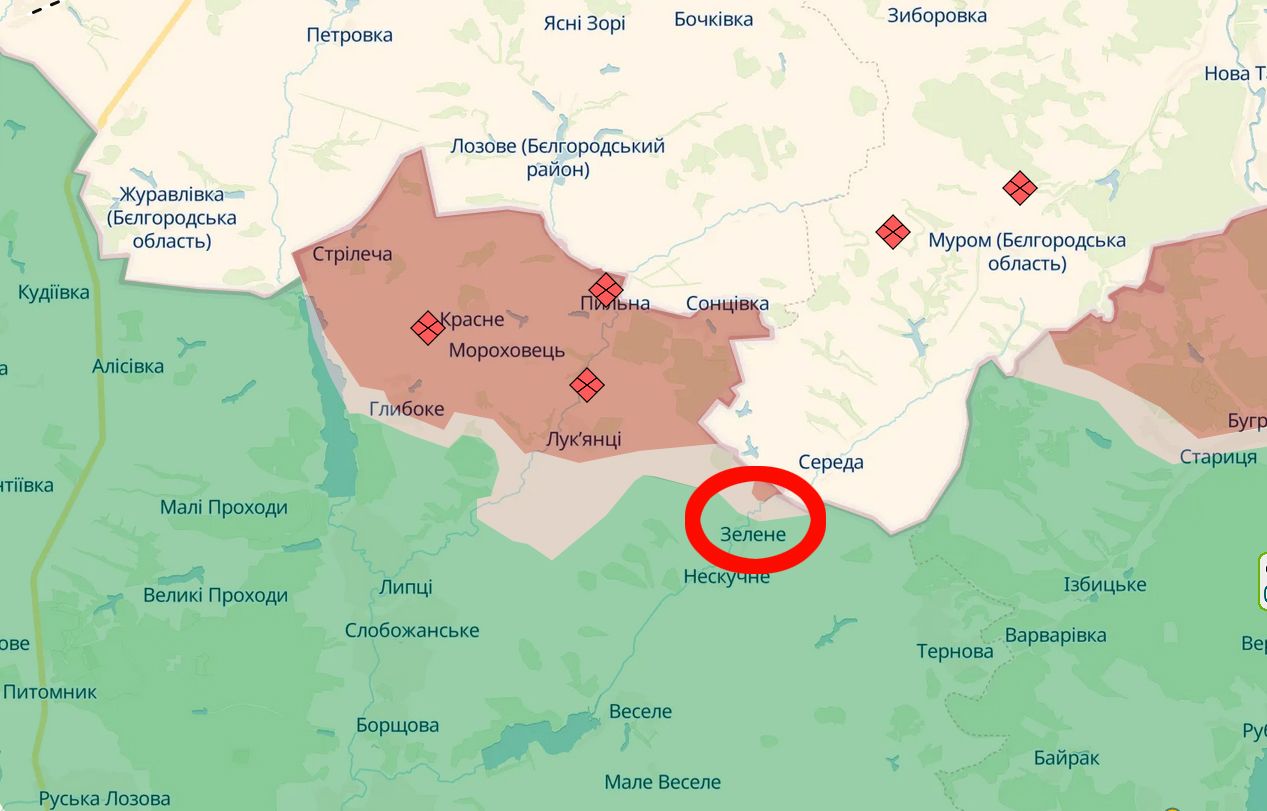 Скриншот карти https://deepstatemap.live/ Окупанти атакували в районі Зеленого Липецької громади на порталі Gromada Group