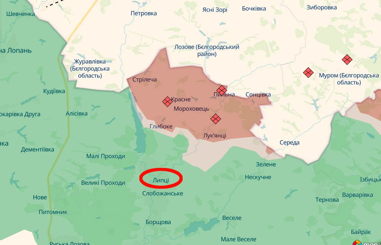 Скриншот карти https://deepstatemap.live Загарбники атакували в напрямку Липців: ОСУВ «Хортиця» на порталі Gromada Group