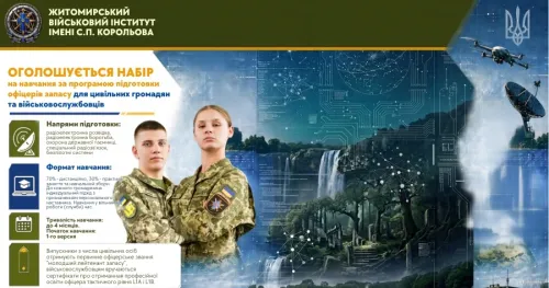 Житомирський військовий інститут імені С. П. Корольова оголошує набір на програму підготовки офіцерів запасу. Це ідеальна можливість отримати актуальні знання та навички у зручному форматі, що дозволяє поєднувати навчання як з роботою, так і з військовою службою.