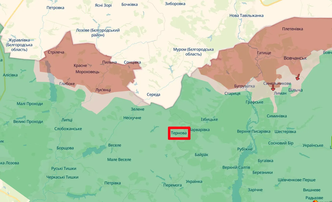 Скриншот карти https://deepstatemap.live/ У бік Тернової Липецької громади атакували російські окупанти минулої доби на порталі Gromada Group