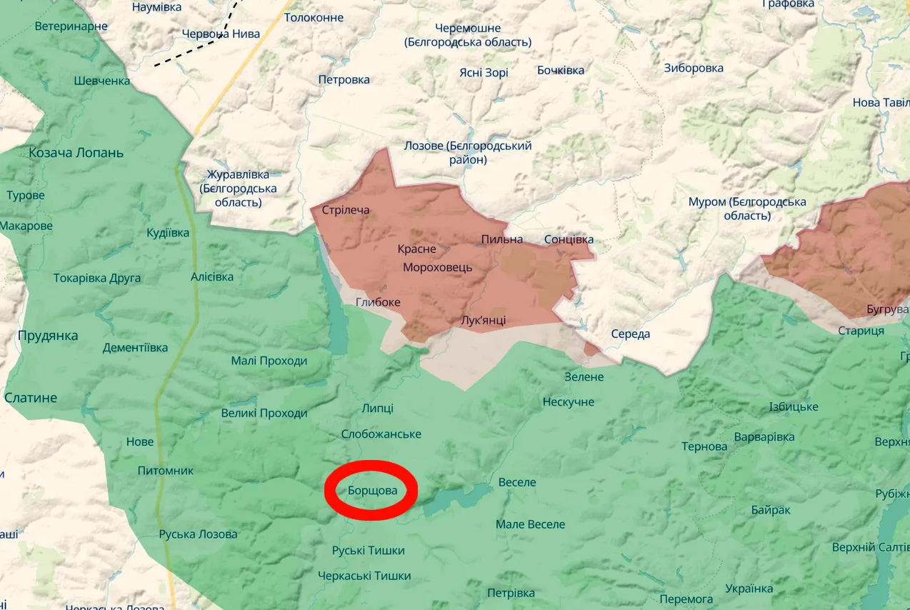 Скриншот карти https://deepstatemap.live Борщову обстріляли з артилерії: окупанти влучили за межами села на порталі Gromada Group