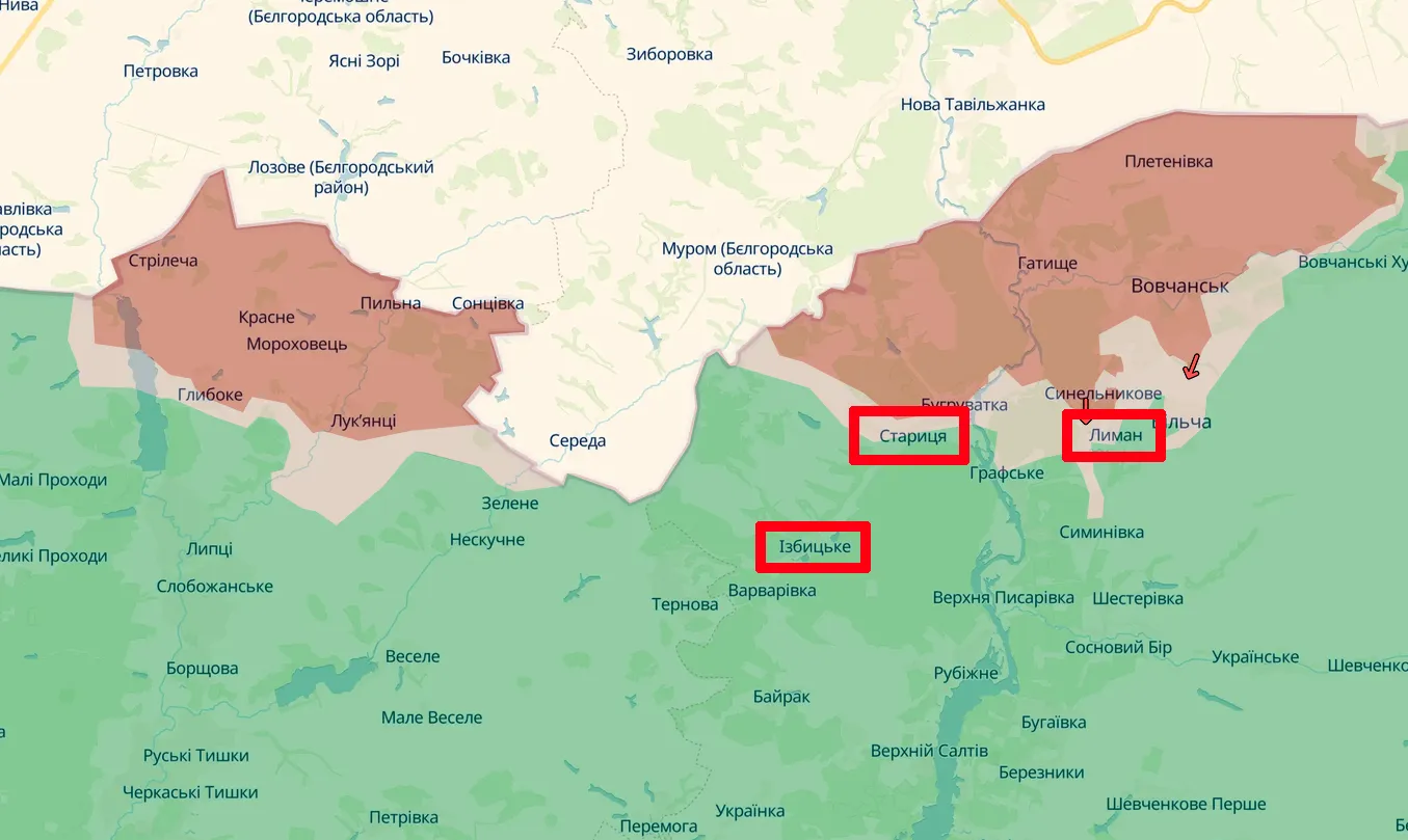 Скриншот карти https://deepstatemap.live/ Фронт поруч Липецької громади: противник атакував в районі Стариці та Лимана й у бік Ізбицького на порталі Gromada Group