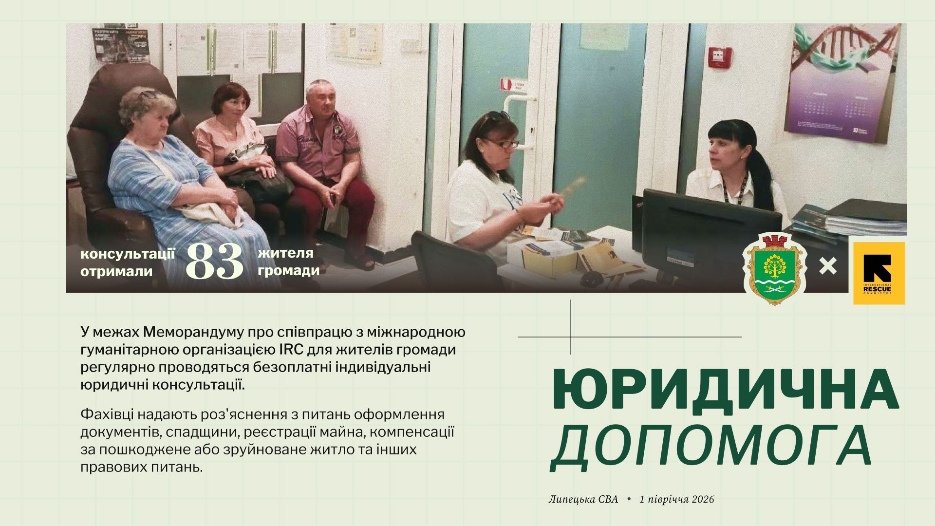 83 жителі отримали юридичну допомогу, ще 60 — консультації Пенсійного фонду: підсумки півріччя у Липецькій громаді - фото 1