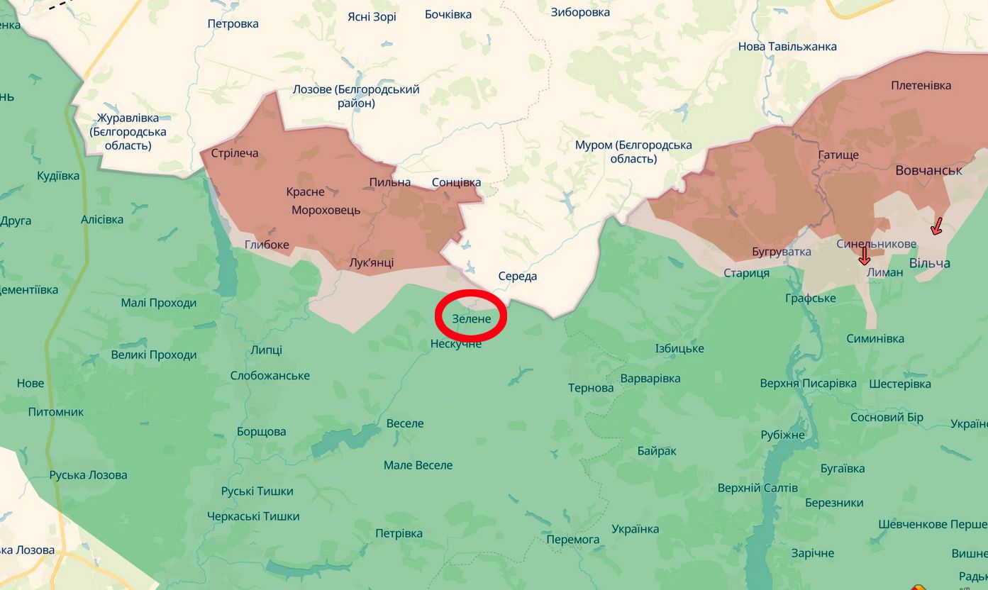 Скриншот карти https://deepstatemap.live/ Ворог атакував у бік села Зелене Липецької громади на порталі Gromada Group