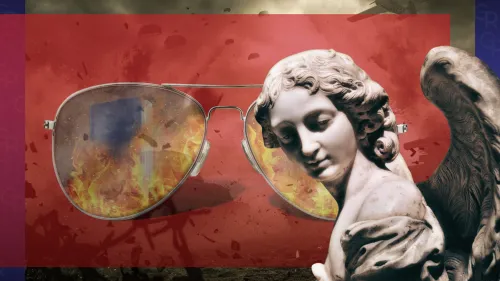 Колаж Олени Зеленіної з ангелом, окулярами та вогнем на червоному тлі до статті Олени Зеленіної про Хіросіму, ООН та згарища.. на порталі Gromada Group