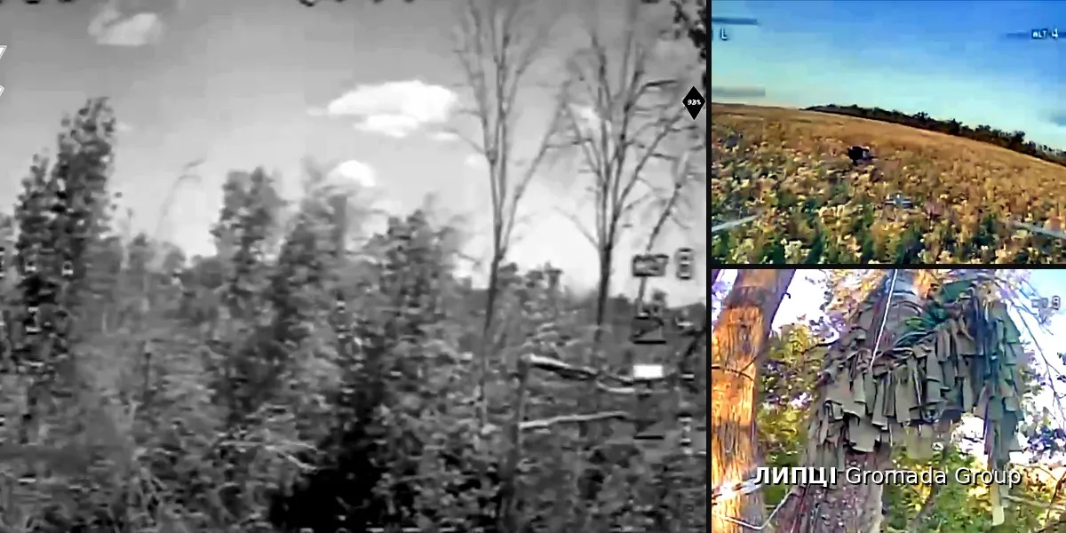 Колаж ЛИПЦІ Gromada Group зі скриншотів відео «Мамкина черешня» 58-ї бригади оприлюднила відео роботи дронів по антенах, бліндажах і замаскованій техніці росіян на напрямку, до якого належить Липецька громада на порталі Gromada Group