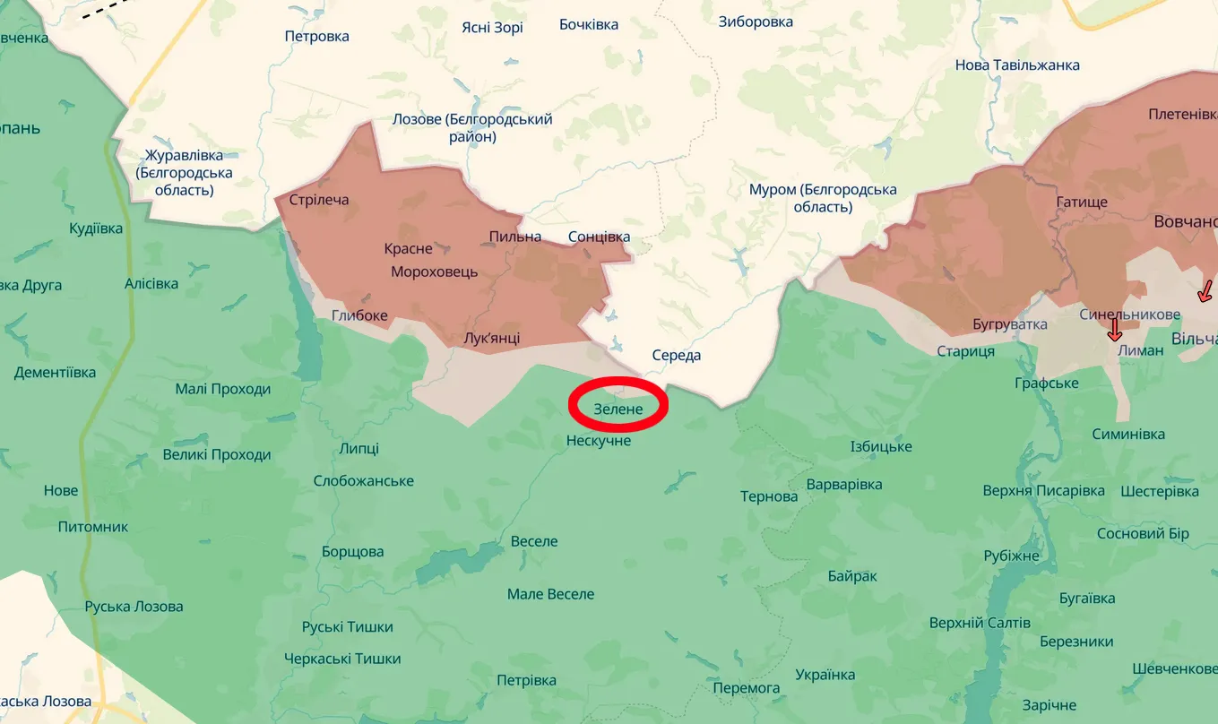 Скриншот карти https://deepstatemap.live/ Неподалік села Зелене ворог намагався прорвати оборону на порталі Gromada Group