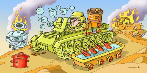 Топ-ІПсО тижня (04.05. – 10.05.2026): «Ми починаємо КВК!». Путін у почесній варті Колі Лукашенка під пильним поглядом гігантської голови-термінатора. Карикатура Олександра Сидоренка на порталі Gromada Group