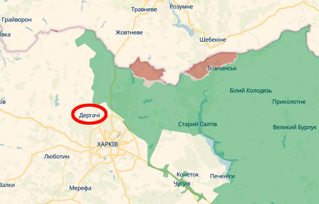 Скриншот карти https://deepstatemap.live Вночі мирний мешканець постраждав від удару дрона у Дергачах на порталі Gromada Group