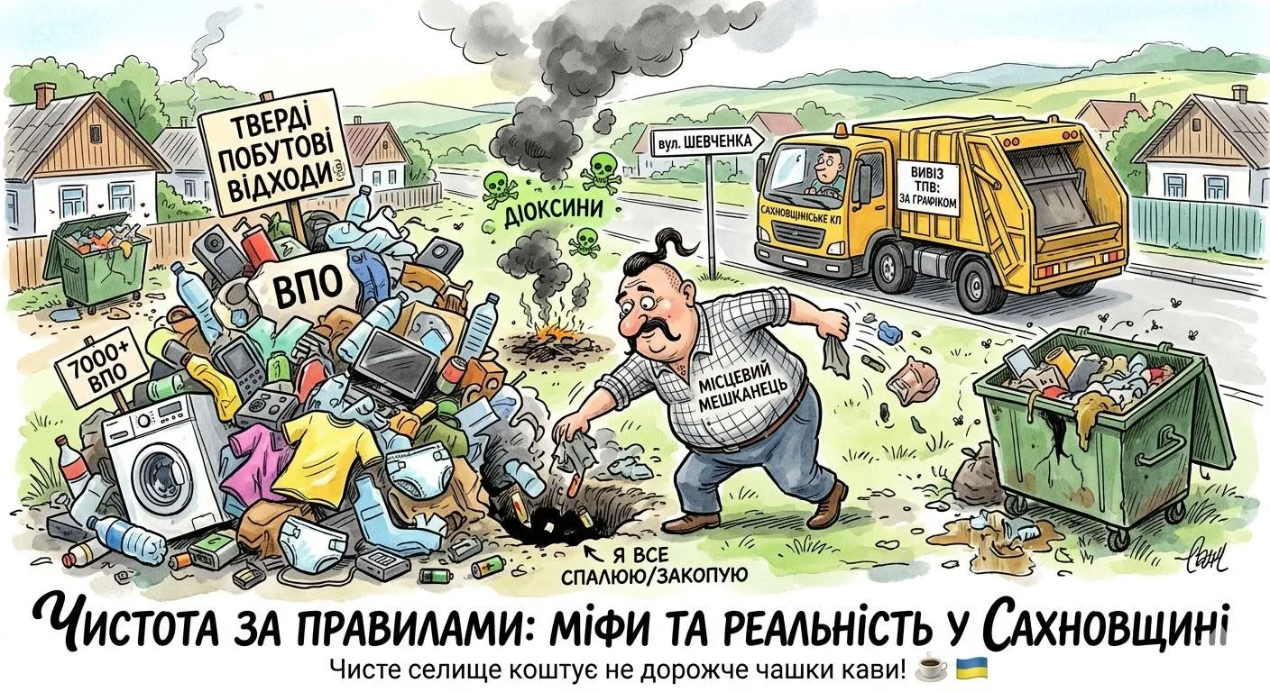 Карикатура автора Чистота за правилами: як працює вивіз сміття в Сахновщинській громаді на порталі Gromada Group