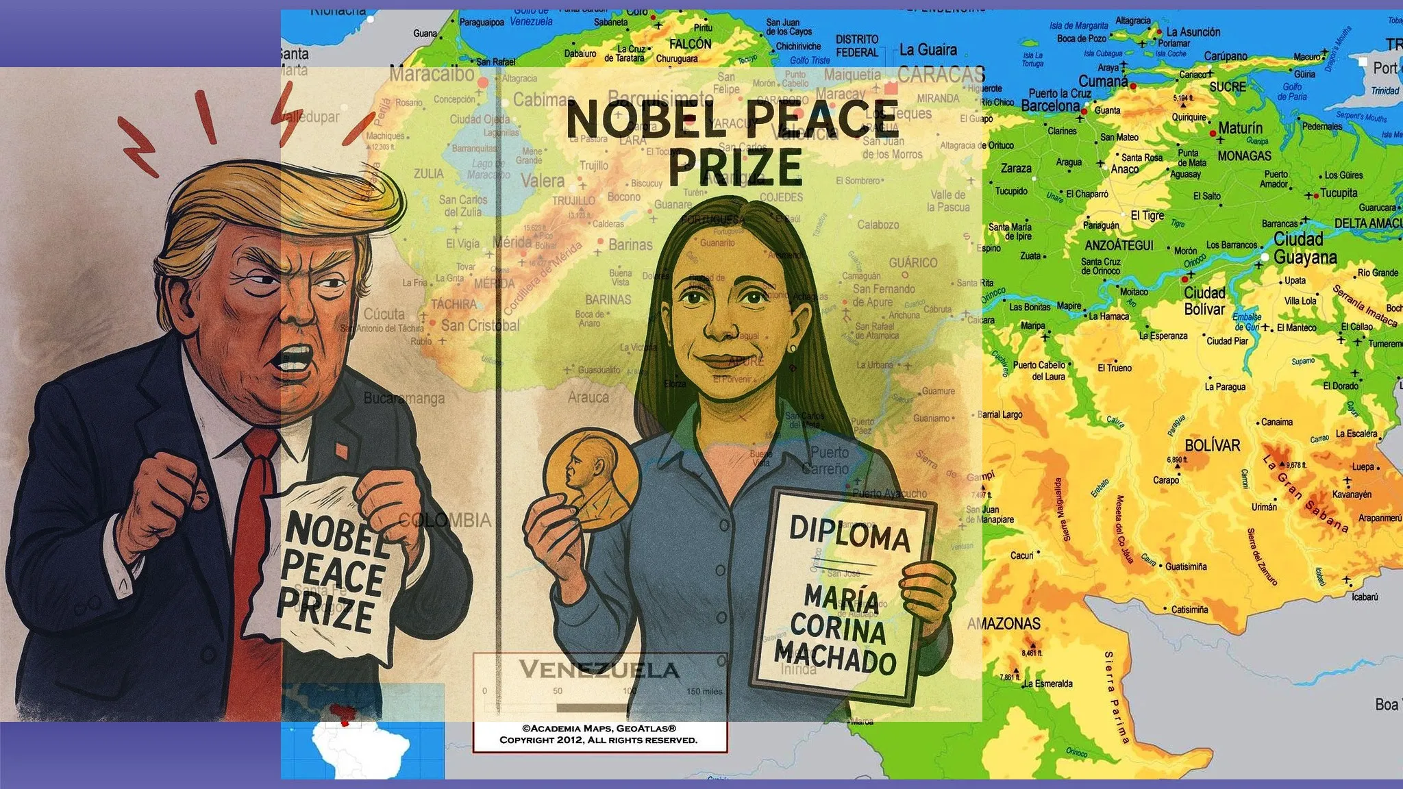 Collage by Olena Zelenina. Meme from social media. In the middle of the growing darkness: Nobel Peace Prize – Venezuelan Volunteer Award of Andriy Sakharov. Collage by Olena Zelenina. Meme from social media at the Gromada Group Media