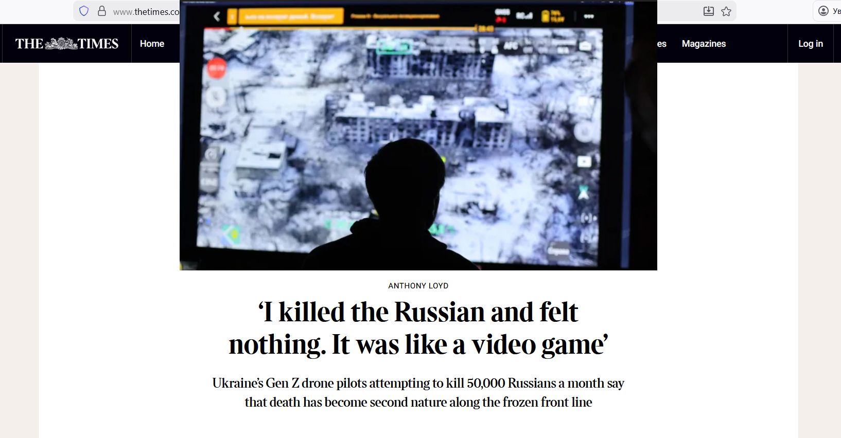 Колаж на основі скриншоту сторінки The Times «Я вбив росіянина і нічого не відчув»: як дронарі «Хартії» нищать окупантів в районі Липецької громади на порталі Gromada Group