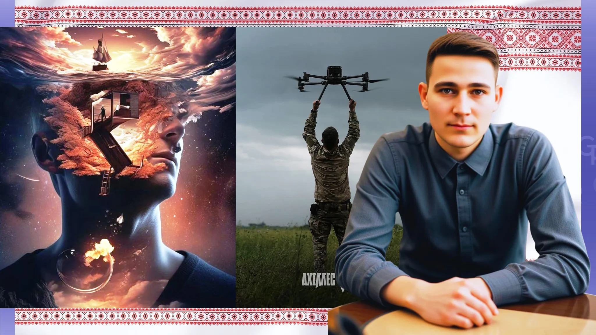 “There is always room for the ocean in the desert.” Seriously wounded in battle, Mykhailo Filonenko began writing books in the hospital in order to hold on to life. Collage by Olena Zelenina at the Gromada Group Media