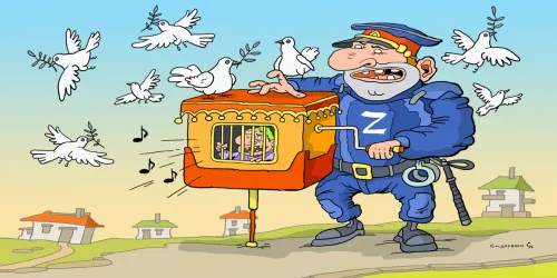 Топ-ІПсО тижня (05.10 – 11.10. 2026): парад голубів» миру на мінімалках. Шарманка. Карикатура Олександра Сидоренкана порталі Gromada Group