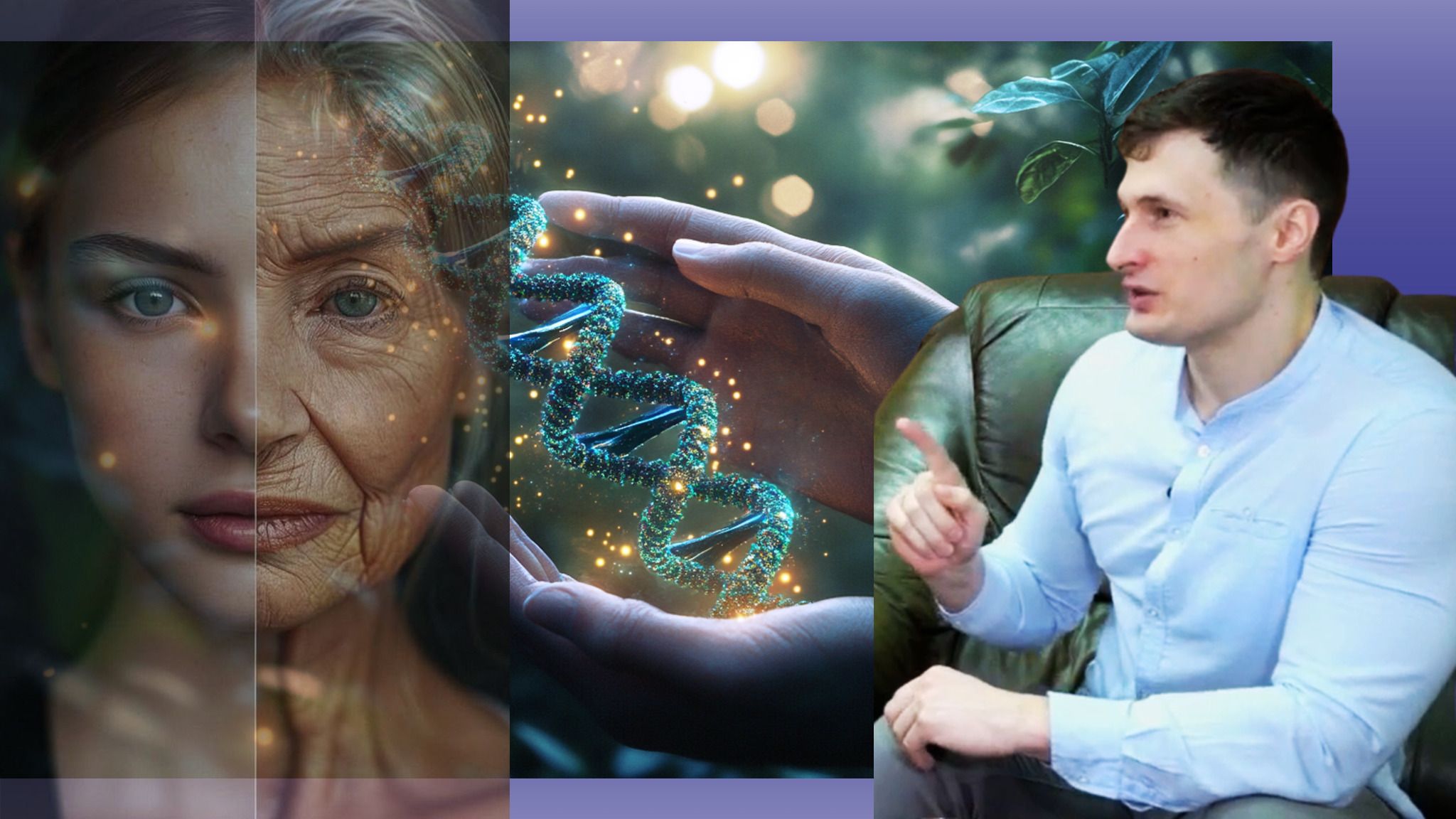 Collage by Olena Zelenina. How to live to be 100? A youth pill, reprogramming at the genetic level or a healthy lifestyle? Collage by Olena Zelenina at the Gromada Group Media