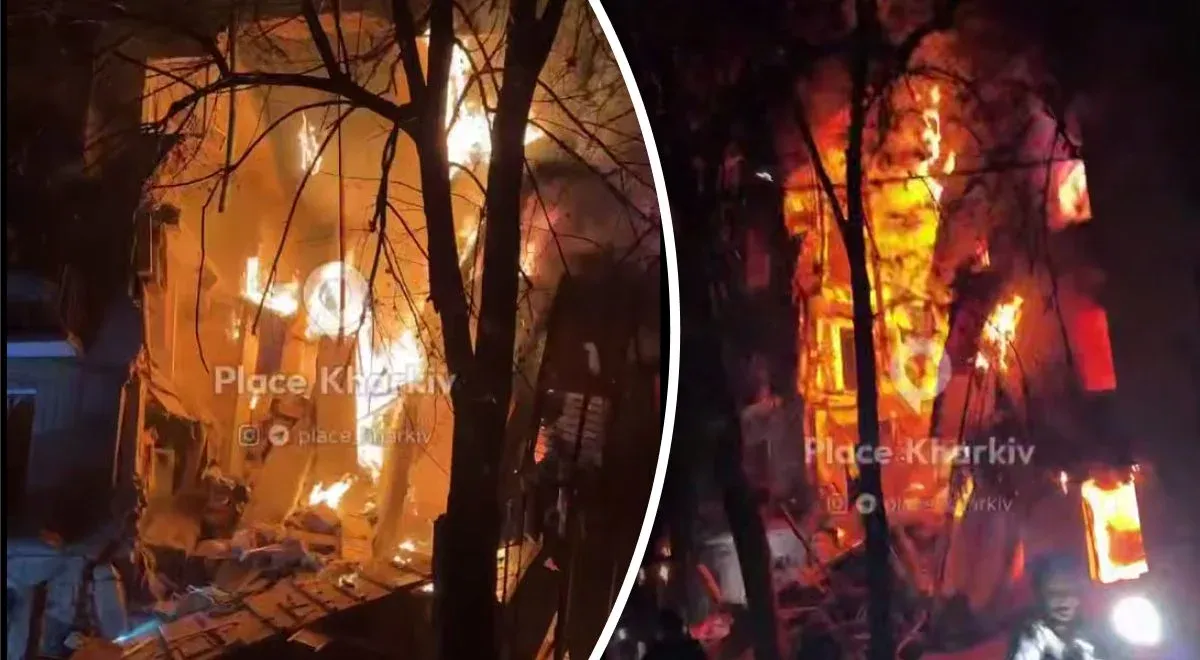 Скріншот з відео У Харкові через російський авіаудар склався підʼїзд п'ятиповерхівки: людей шукають під завалами на порталі Gromada Group