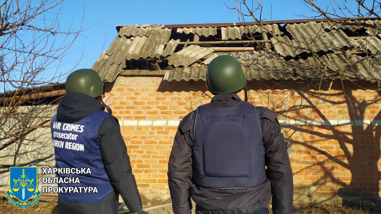 Law enforcement officers showed the consequences of an unmanned aerial vehicle attack on a village in Zmiiv Oblast at the Gromada Group Media