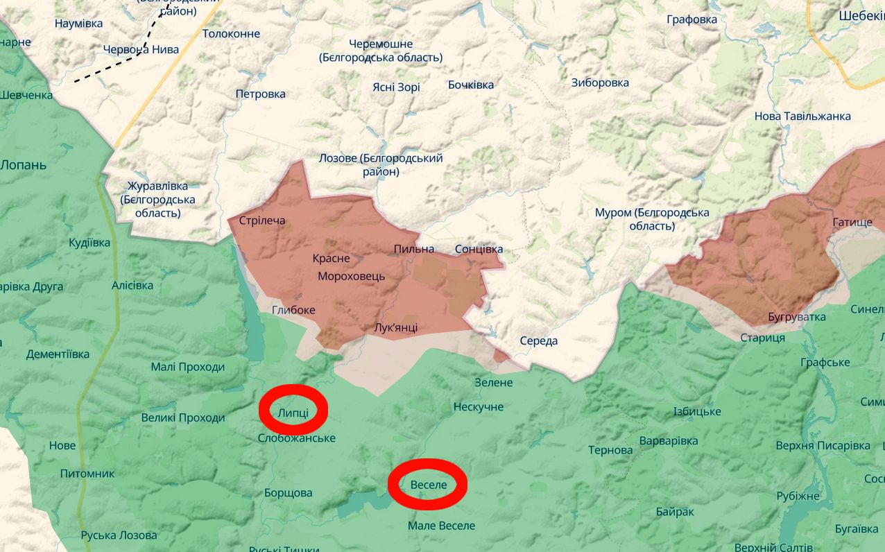 Скриншот карти https://deepstatemap.live/ Ворог обстріляв Липці та Веселе з РСЗВ та ствольної артилерії на порталі Gromada Group