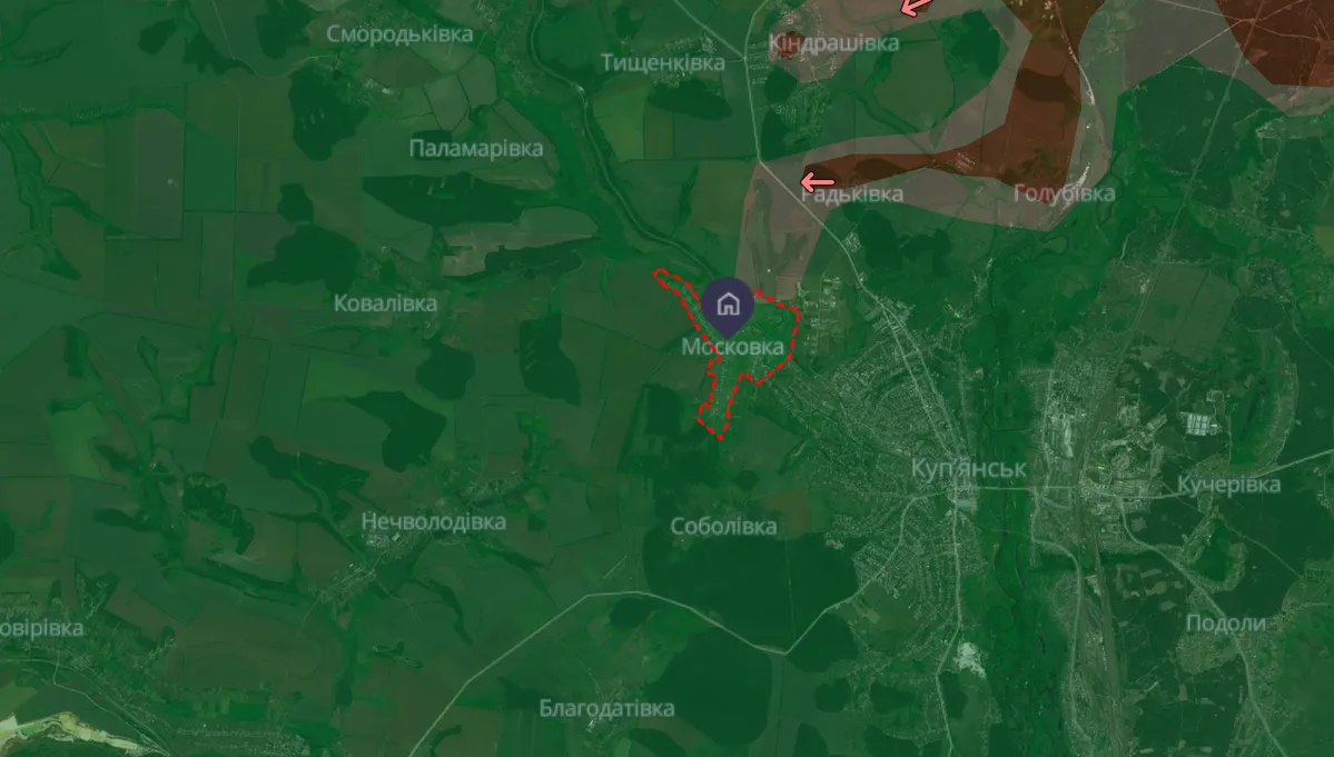 Карта DeepState станом на 14.07.2025 Окупанти посилюють штурми у бік Московки на околицях Куп'янська і в районі Маслозаводу у Вовчанську на порталі Gromada Group