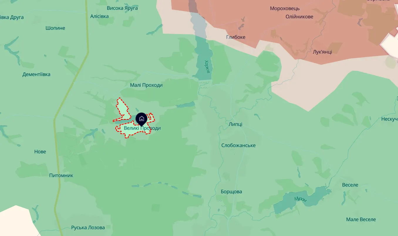 Скриншот карти https://deepstatemap.live/ У Великих Проходах загинула 74-річна жінка, наїхавши велосипедом на міну на порталі Gromada Group