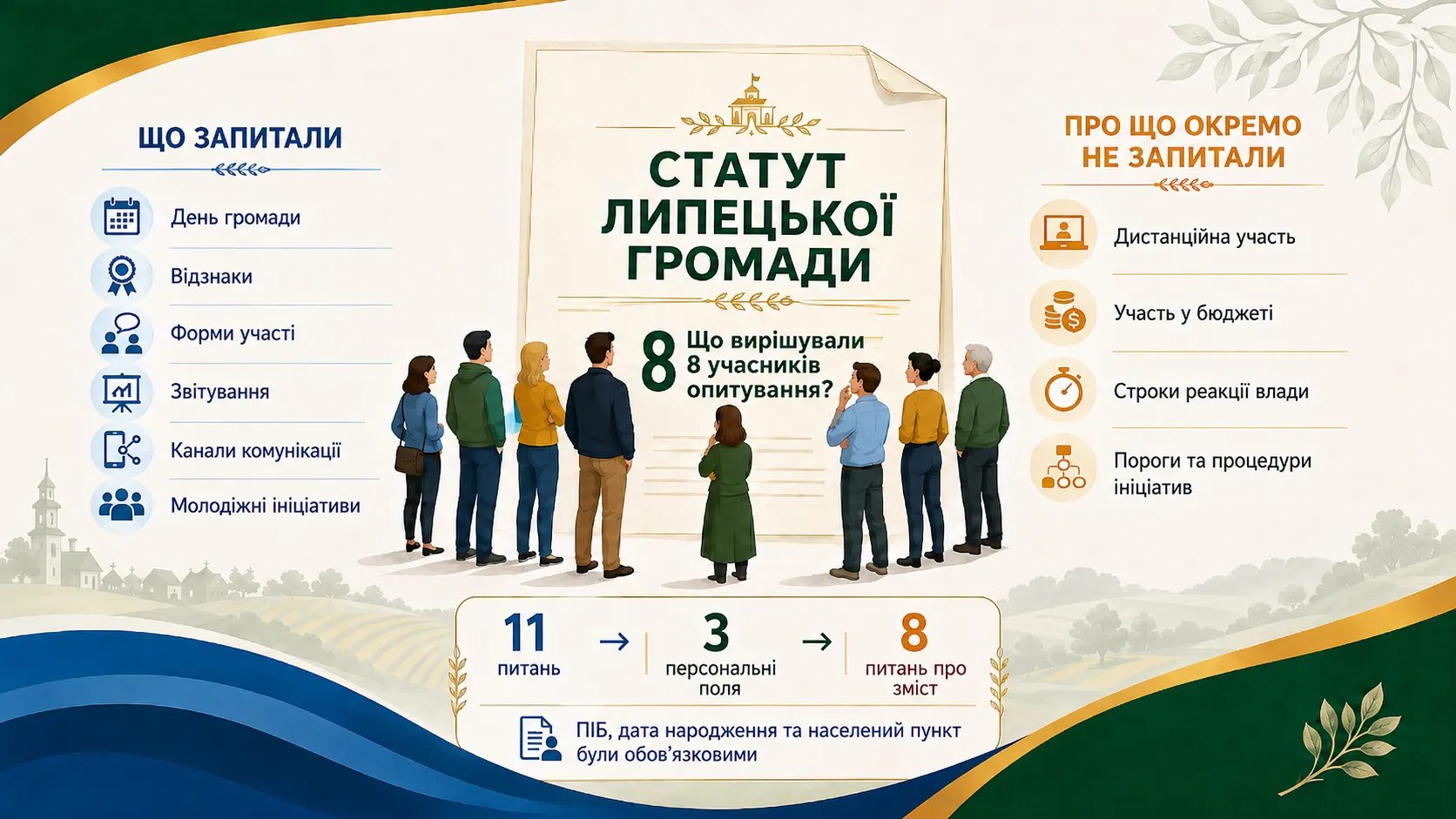 Колаж ЛИПЦІ Gromada Group за попереднім описом Що вирішували восьмеро: які питання щодо проєкту Статуту винесли на опитування, а які — ні на порталі Gromada Group