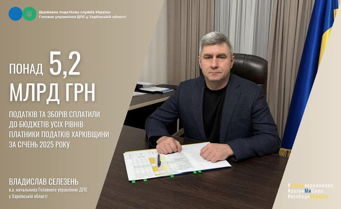 Колаж ГУ ДПС у Харківській області Харківщина: за січень 2025 року платники податків сплатили до бюджетів усіх рівнів понад 5,2 млрд гривень на порталі Gromada Group