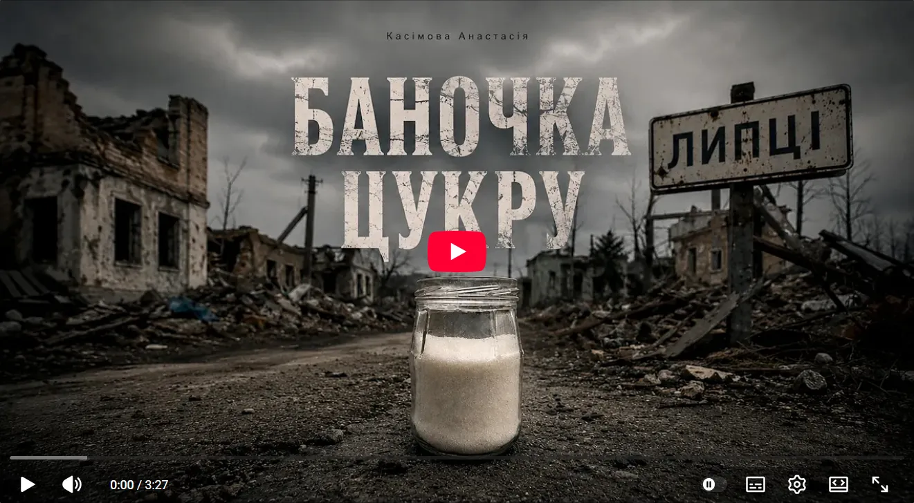 скриншот з відео «Баночка цукру»: учениця Слобожанського ліцею Липецької громади бере участь у конкурсі «Сильніші за темряву» з відео про окупацію на порталі Gromada Group