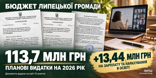 Планові видатки Липецької громади на 2026 рік збільшили до 113,7 млн грн: найбільше додаткових коштів — на зарплати освітян на порталі Gromada Group