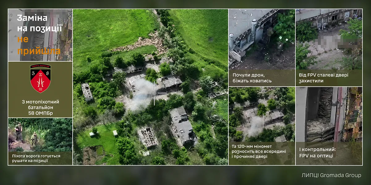 Колаж ЛИПЦІ Gromada Group на основі скриншотів з відео Мінометом і дронами на півночі Харківщини зірвали ворожу ротацію бійці 58-ї бригади на порталі Gromada Group