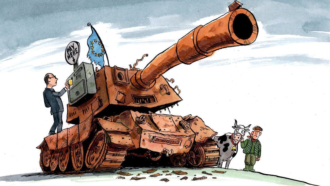 A sad farmer with a cow: Europe faces a choice: guns or... butter? Prince of blue blood is now... a butler. How to discredit Merz... Caricature: Peter Schrank. The Economist at the Gromada Group Media