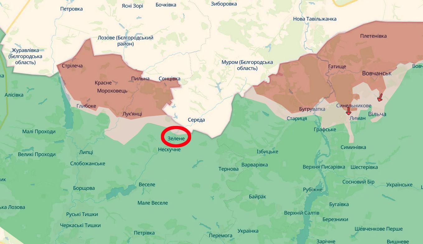 Скриншот карти https://deepstatemap.live/ Неподалік села Зелене Липецької громади відбили російську атаку на порталі Gromada Group