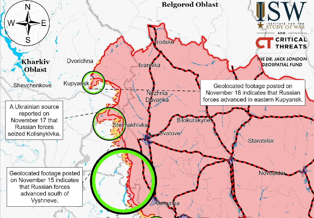 Карта ISW станом на 19.11.2024 По Куп'янську ворог вдарив новою авіабомбою, у Кругляківці і Колісниківці сіра зона — ISW на порталі Gromada Group
