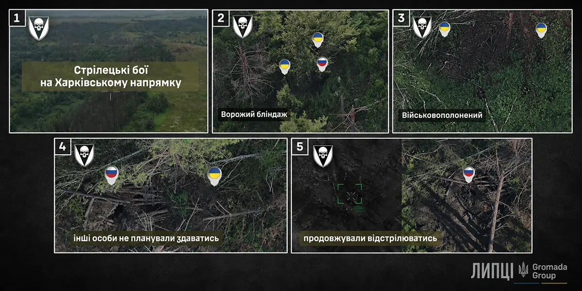 Колаж ЛИПЦІ Gromada Group зі скриншотів з відео 72 ОМБр імені Чорних Запорожців Трьох окупантів знищили, одного полонили: піхота Чорних Запорожців без втрат штурманула російську позицію на порталі Gromada Group