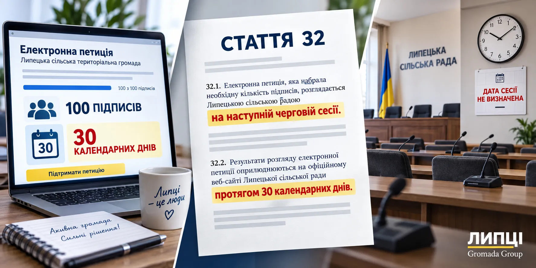 Колаж ЛИПЦІ Gromada Group (створено ШІ за попереднім описом) 30 днів чи наступна сесія: у проєкті Статуту Липецької громади запропонували змінити порядок розгляду петицій на порталі Gromada Group