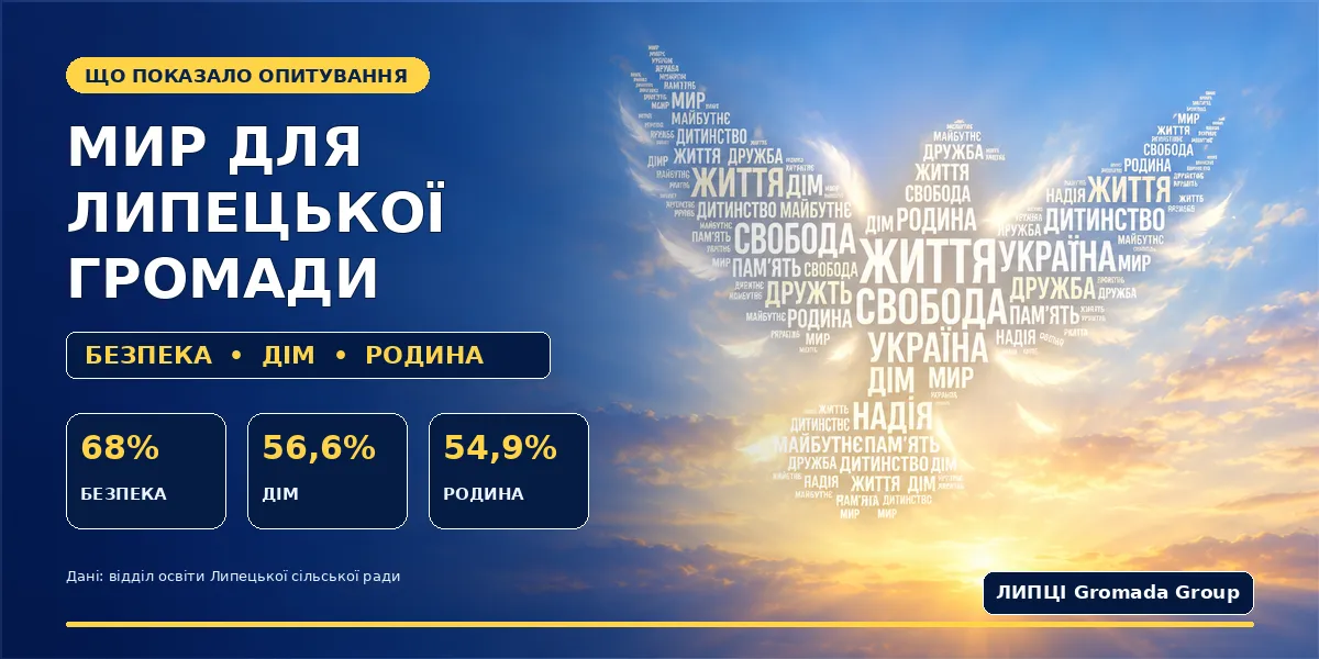 Колаж та інфографіки ЛИПЦІ Gromada Group (тут і далі створено ШІ за попереднім описом) Безпека, дім і родина: що означає мир для учасників опитування у Липецькій громаді на порталі Gromada Group