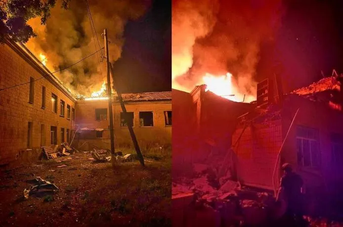 Наслідки «прильоту» по Золочеву / Фотоколаж: Державна екологічна інспекція Ракетний удар по Золочеву: масштабна пожежа у Будинку дитячої творчості завдала шкоди довкіллю на порталі Gromada Group