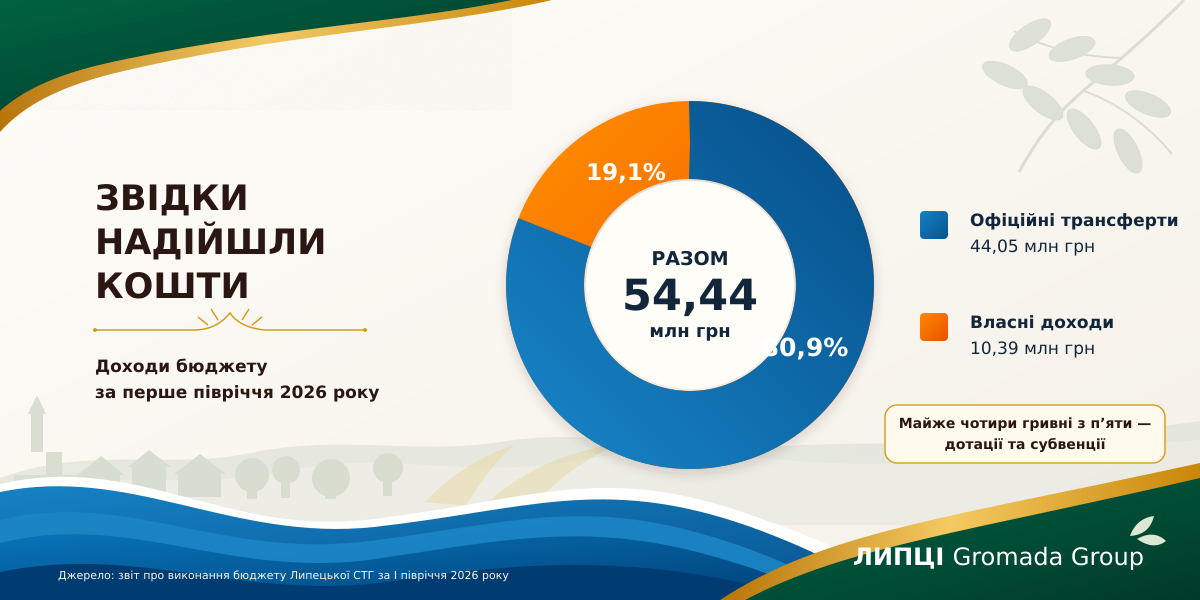 Липецька громада за пів року отримала 54,4 млн грн і витратила 44,6 млн грн: понад 80% доходів дали дотації та субвенції - фото 3