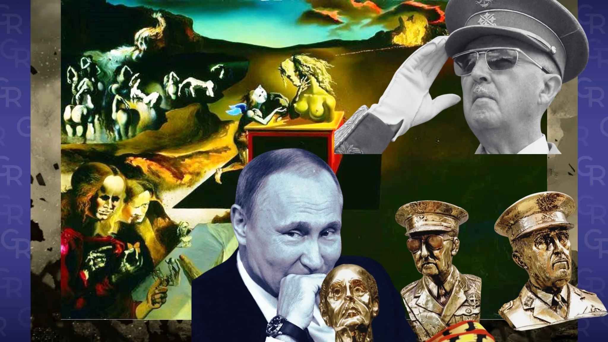 The Darkness of Oblivion: The Dictator Is Dead… Long Live the Dictator? A painting by Salvador Dalí was used. The invention of monsters. 1937. Collage by Olena Zelenina at the Gromada Group Media