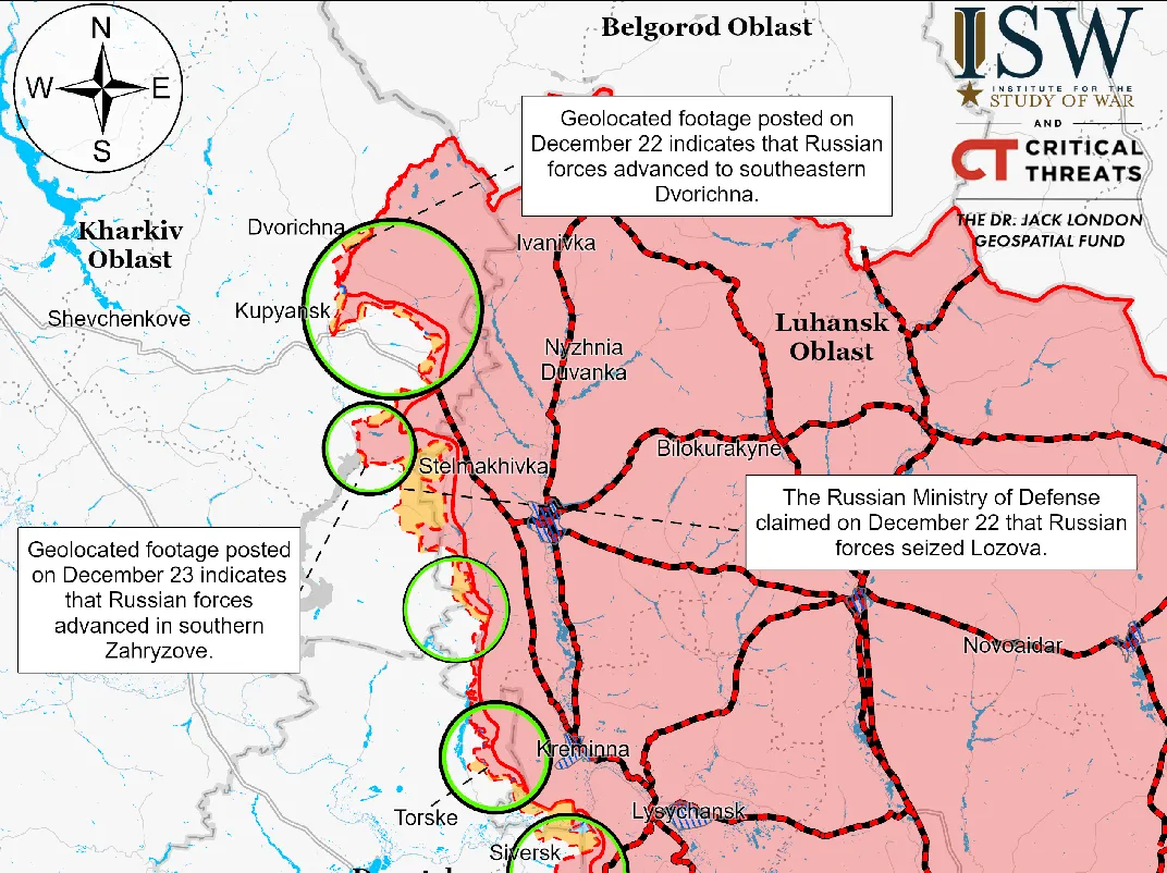 Карта ISW станом на 23.12.2024 Просування ворога в районі Загризового і Дворічної, захоплення Лозової підтверджує ISW на порталі Gromada Group