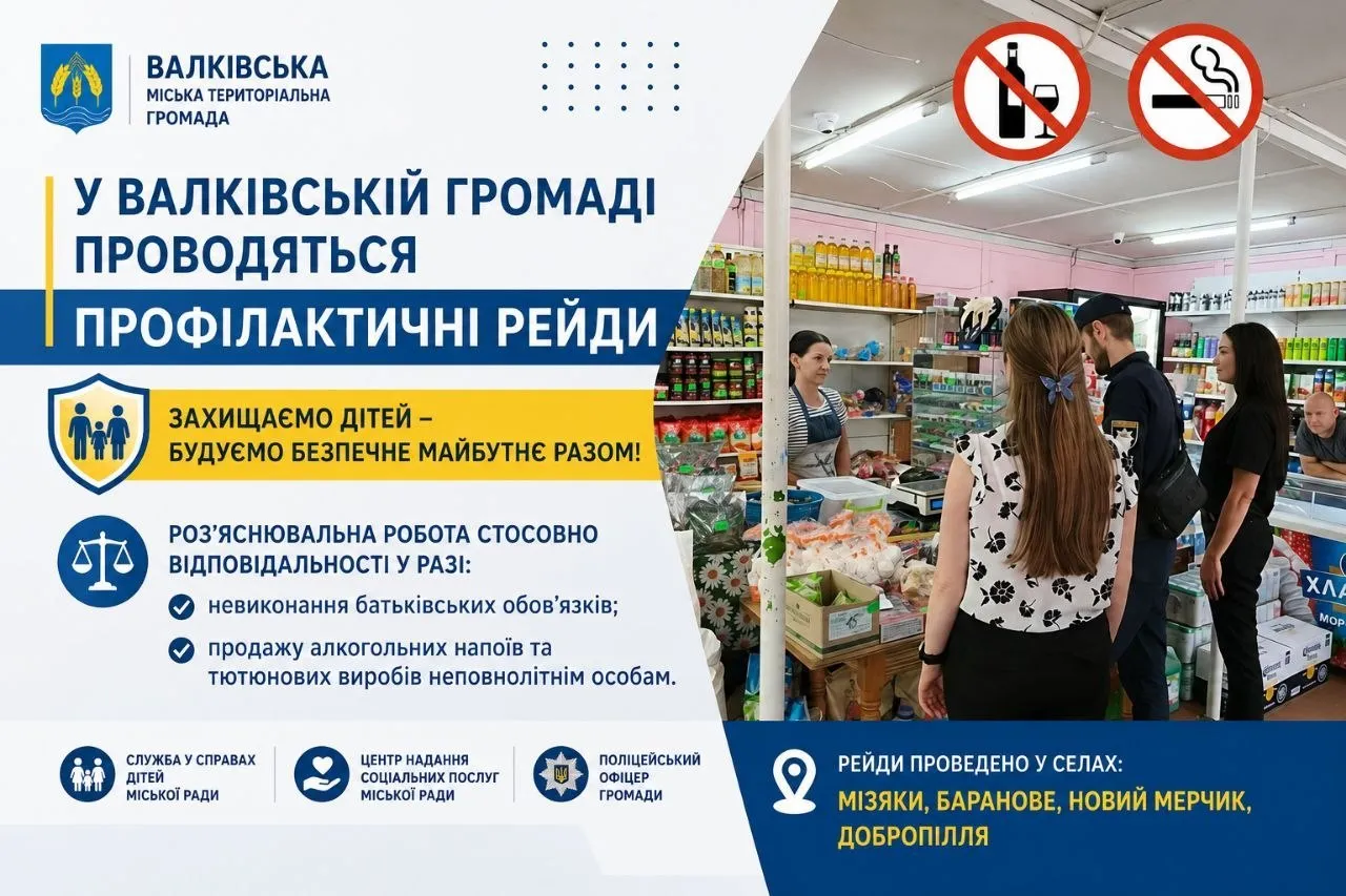Продаж цигарок підліткам та занедбані діти — під суворим контролем. На Валківщині стартували масштабні профілактичні рейди, які вже охопили села Мізяки, Баранове, Новий Мерчик та Добропілля. Соцслужби спільно з поліцейським офіцером громади без попередження інспектують місцеві крамниці та відвідують родини, які опинилися у складних життєвих обставинах, аби захистити неповнолітніх від шкідливих звичок та бездоглядності.