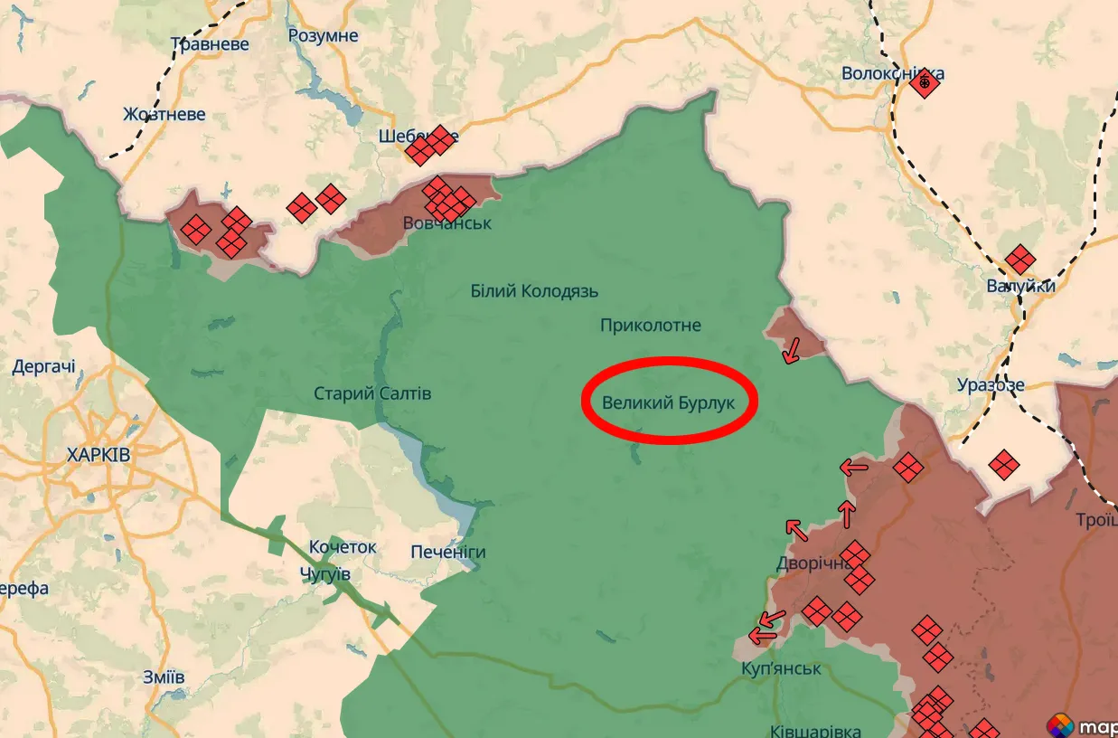 Скриншот карти https://deepstatemap.live/ російського полковника ліквідували на Великобурлуцькому напрямку на порталі Gromada Group