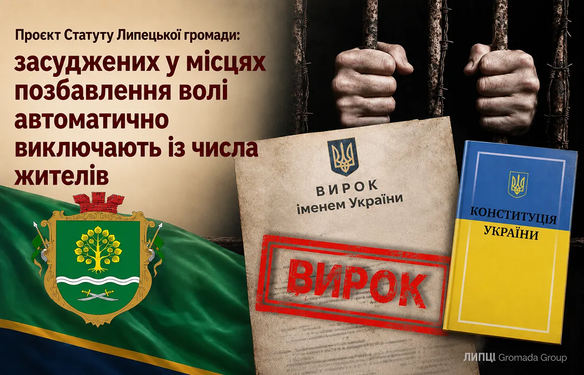 Колаж ЛИПЦІ Gromada Group Засуджених, які перебувають у місцях позбавлення волі, виключають із числа жителів Липецької громади: ще одна проблема проєкту Статуту на порталі Gromada Group