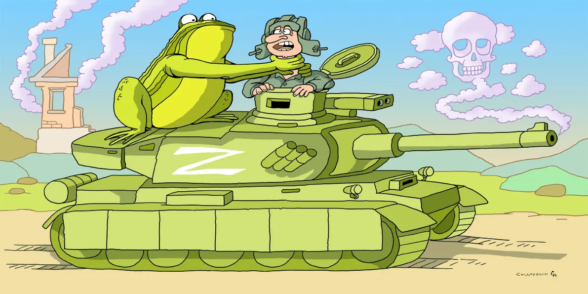 Карикатура Олександра Сидоренка. "Олія та оцет": чи залишаться українці під захистом у Польщі; війна роботів під Харковом; чи є укріплення на кордоні Донбасу; Макрону наказали надіти каску та їхати на фронт… Карикатура Олександра Сидоренка на порталі Gromada Group