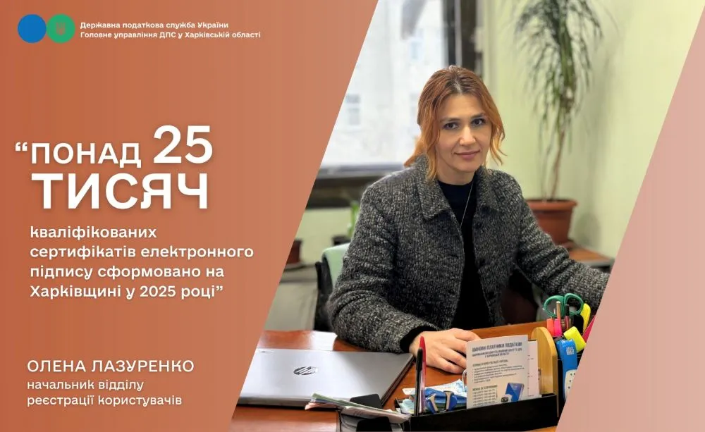 Колаж ГУ ДПС у Харківській області На Харківщині у 2025 році сформовано понад 25 тисяч кваліфікованих сертифікатів електронного підпису на порталі Gromada Group