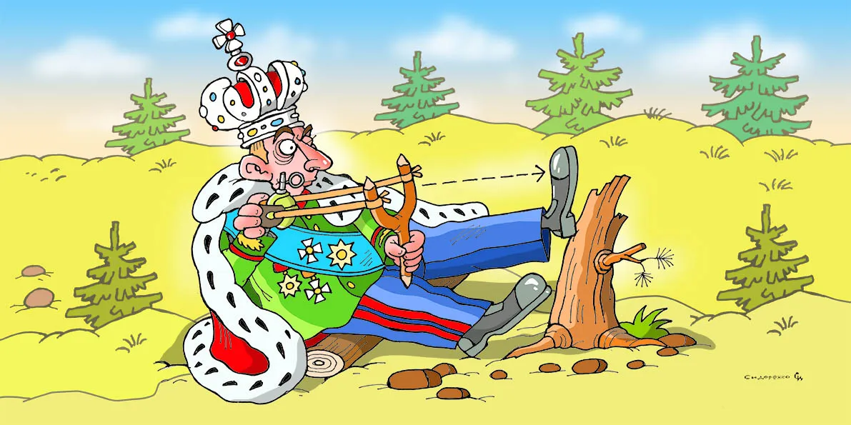 Top IPSO of the week (June 23–29, 2025): Emperor Pu feints with military spending. Cartoon by Oleksandr Sydorenko at the Gromada Group Media