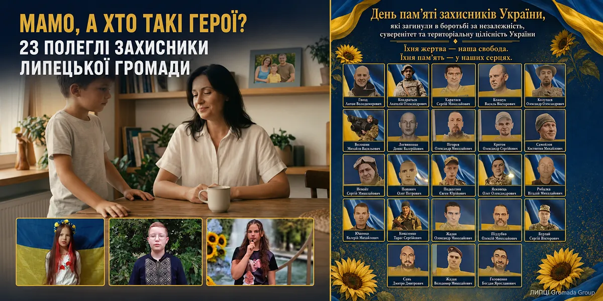 Колаж ЛИПЦІ Gromada Group зі скриншотів з відео та колажу, оприлюдненого в групі Слобожанського ліцею «Мамо, а хто такі герої?»: у відео на сторінці Анни Биченко у Facebook згадали 23 полеглих захисників з Липецької громади на порталі Gromada Group