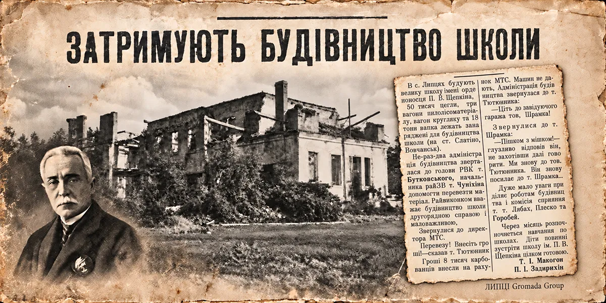 Колаж ЛИПЦІ Gromada Group «Пішком з мішком!»: як у 1936 році затримували будівництво Липецької школи імені П. В. Щепкіна на порталі Gromada Group