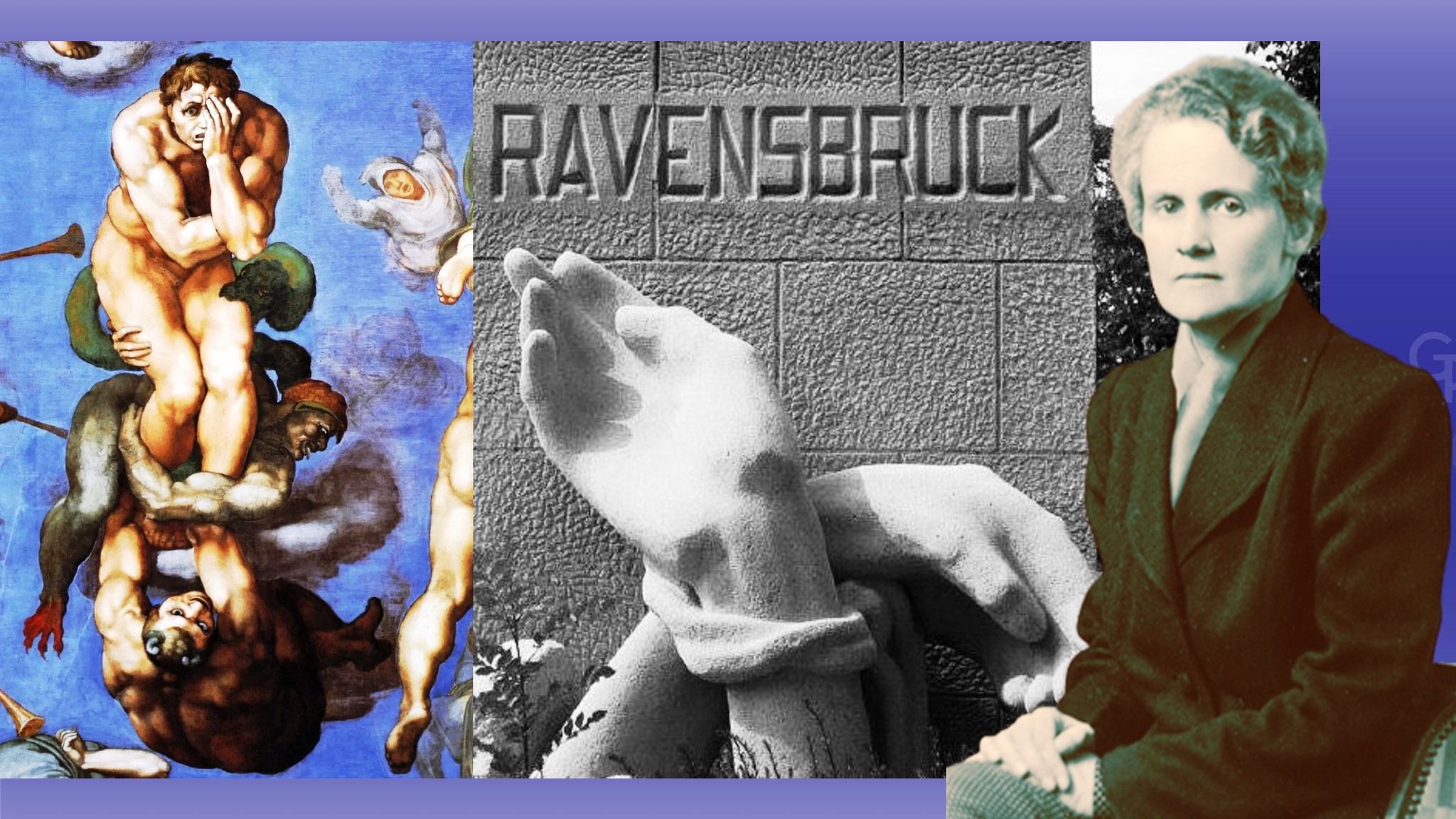 Main article image on the Gromada Group site The Countess vs. Kruger… Michelangelo’s “The Last Judgment”, fragment. Memorial in Ravensbrück and photo of K. Lantskoronska from open sources. Collage by Olena Zelenina at the Gromada Group Media