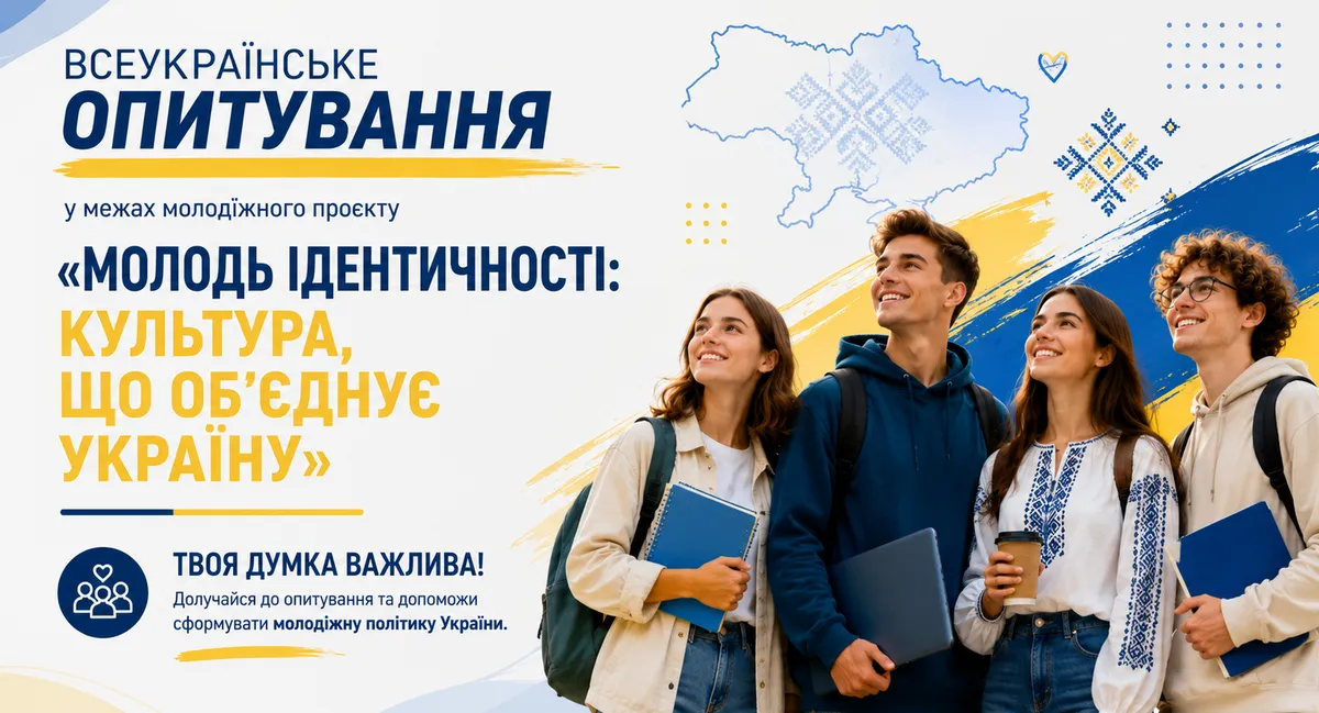Культура, що об’єднує: пройди опитування проєкту «Молодь ідентичності» Громадська організація «Інститут культури України» проводить всеукраїнське опитування у межах молодіжного проєкту «Молодь ідентичності: культура, що об’єднує Україну» серед здобувачів освіти, представників учнівського і студентського самоврядування. Проєкт реалізується за підтримки Міністерства молоді та спорту України та Українського молодіжного фонду.